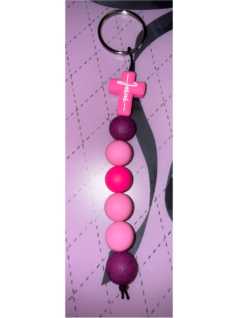 Pink Beaded Cross Keychain - Unbranded